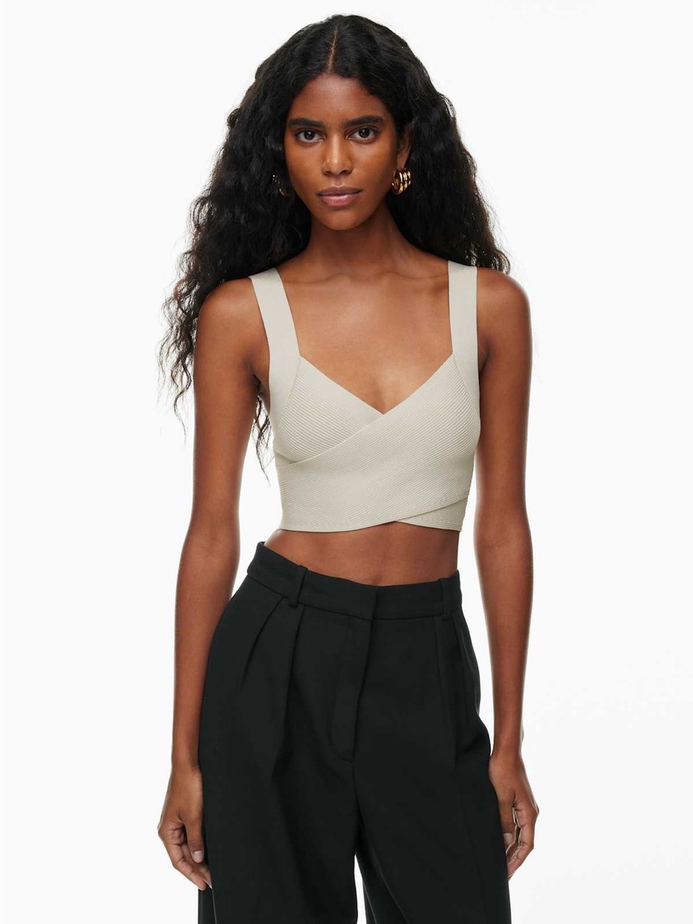 Aritzia Babaton Sculpt Knit Greek Tank Cream Cross-Front Crop Top